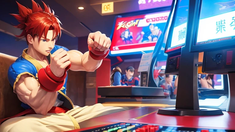 (Street Fighter characters,Shou is playing a game),arcade game,Hit the button hard,Intense lever operation,