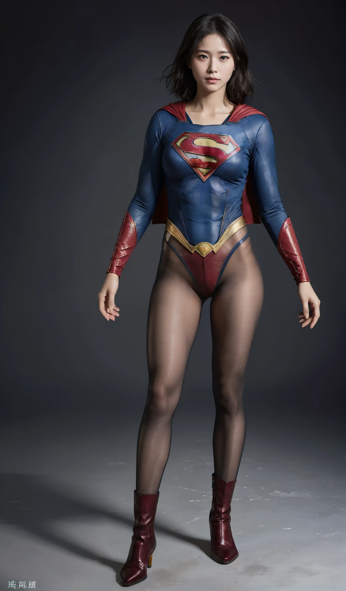 No background、(((Beautiful legs in black tights.)))、(((Legally express the beauty of your smile)))、((((Make the most of your original images)))、(((Supergirl Costume)))、(((beautiful short bob hair)))、(((suffering)))、(((Please wear black tights....、Wear red boots)))、((Best image quality、8K))、((highest quality、8K、masterpiece:1.3))、(((Preserve background )))、Sharp focus:1.2、Beautiful woman with perfect figure:1.4、Thin abdominal muscles:1.2、Wet body:1.5、Highly detailed face and skin texture、8K