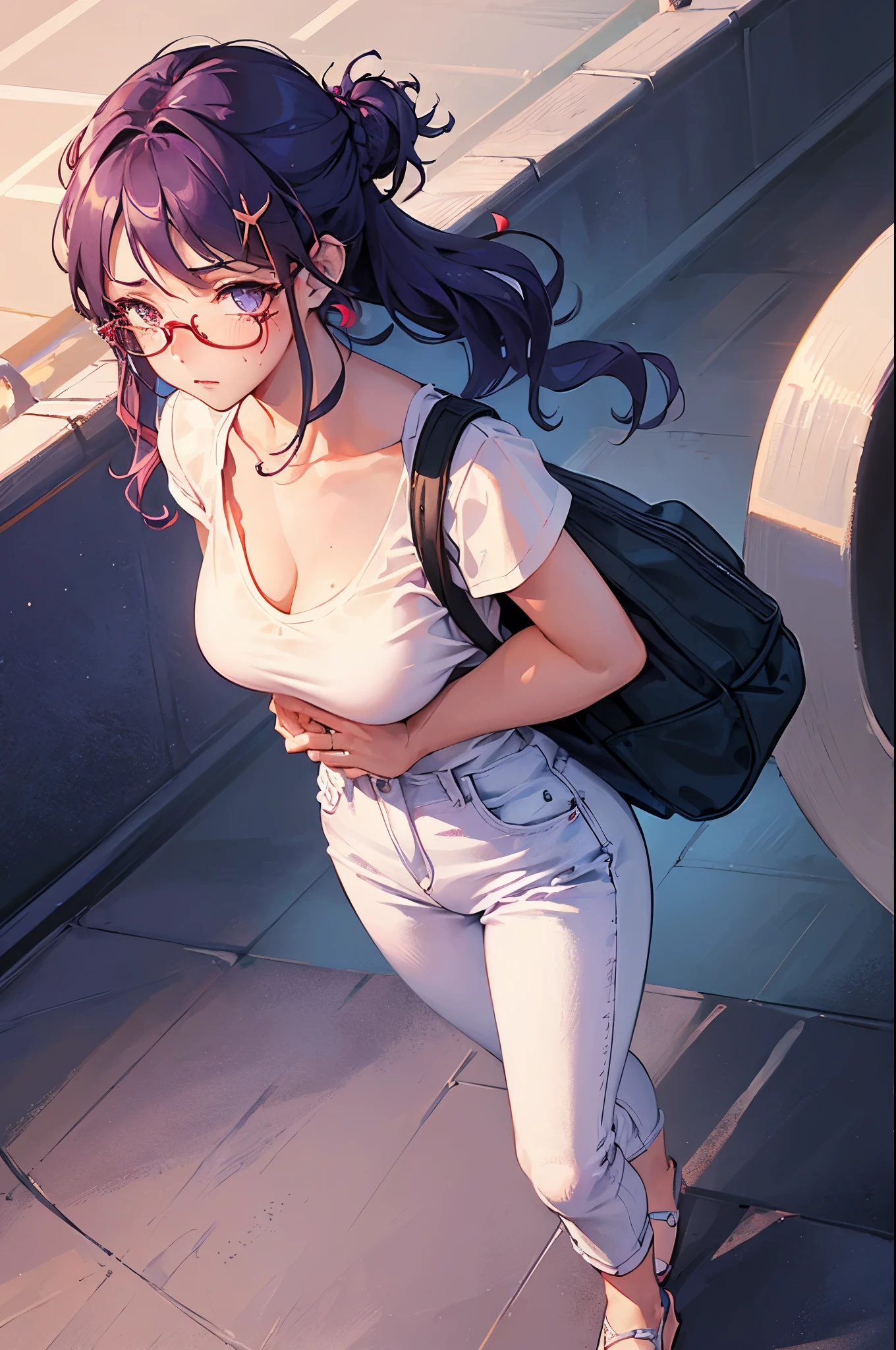 (1girl solo:1.2), cowboy shot (dutch angle from above:1.2), looking at viewer, pov,
(walking on stairs:1.2) in train station platform, railing, white t-shirt, jeans, shoulder bag strap between breasts paisura,
purple (wavy hair:1.2) medium, half updo, ears, red (eyewear:1.1), loose clothes, blush, sweatdrop, pumps,