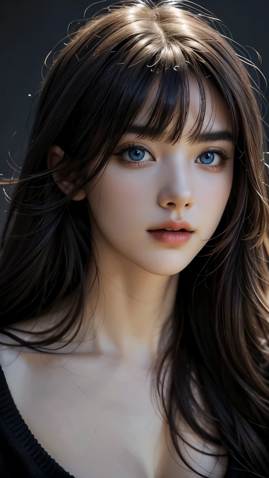 masterpiece, best quality, ultra-detailed, intricately detailed hyperdetailed, realistic, sharp features, highly detailed, sharp focus, perfect face, perfect face, perfect symmetrically perfect eyes, perfect full lips, flexible female form, cinematic, film light, hyper detailed, hyper realistic, high resolution, vibrant, dynamic studio lighting, nsfw, ((Dark background)), Sexy face, Facial expressions when receiving pleasure, straight Bangs, Big breasts, Exposed cleavage, blue Eyes,black sweater, cowboy shot,