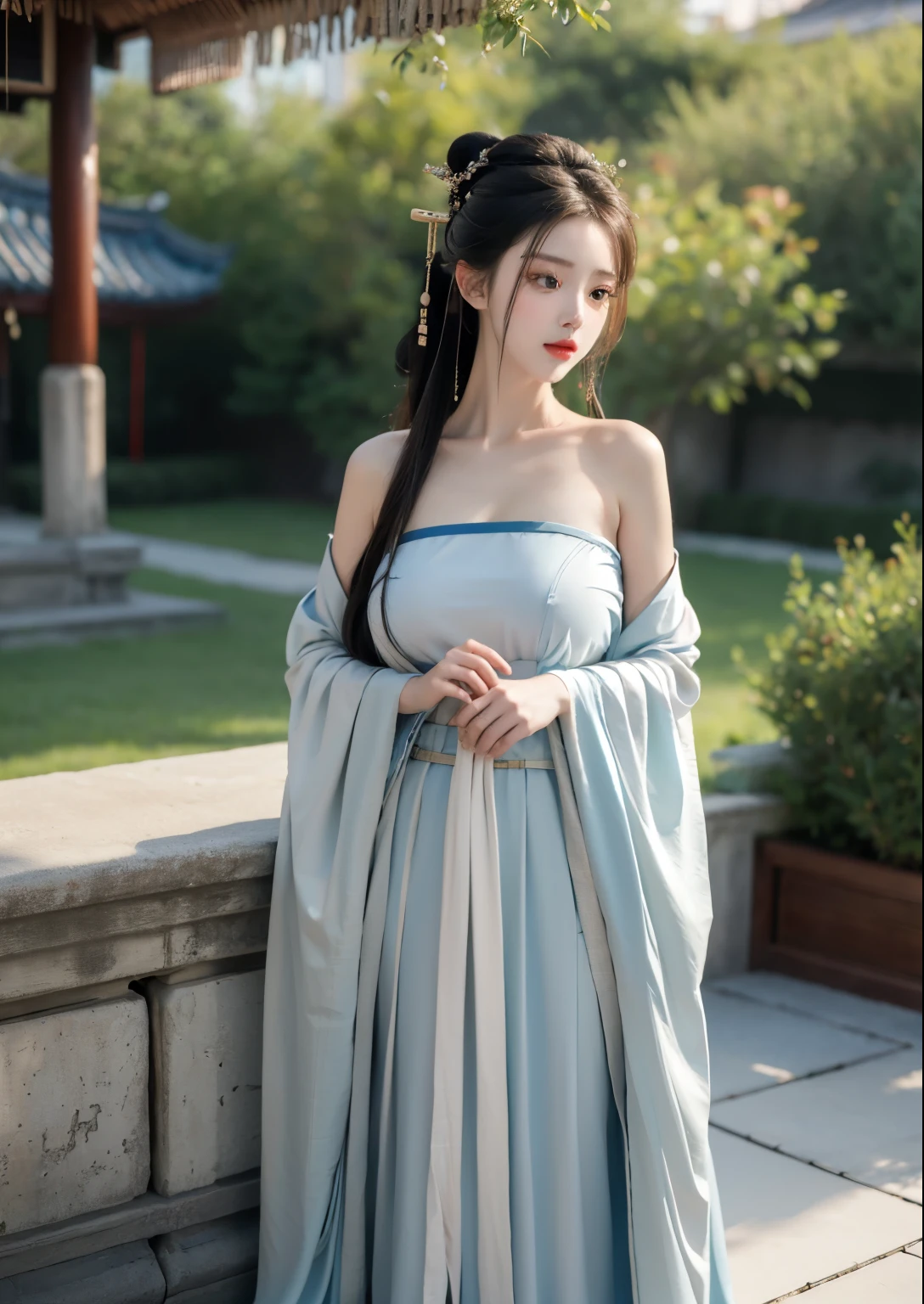 best quality ,masterpiece, illustration, an extremely delicate and beautiful, extremely detailed ,CG ,unity ,8k wallpaper, Amazing, finely detail, masterpiece,best quality,official art,extremely detailed CG unity 8k wallpaper,absurdres, incredibly absurdres, huge filesize , ultra-detailed, highres, extremely detailed,beautiful detailed girl, extremely detailed eyes and face, beautiful detailed eyes,light on face,(Hanfu:1.1),1girl, full body,full-body shot, ru_qun, big breasts cleage and roud, explore more the cheasts