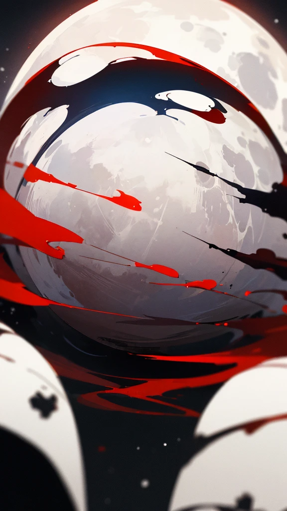 a moon, A human skeleton in a red jacket sitting on a crescent with rivers coming out of it, black background with small white stars, gray and black color palette, detailed, only one,