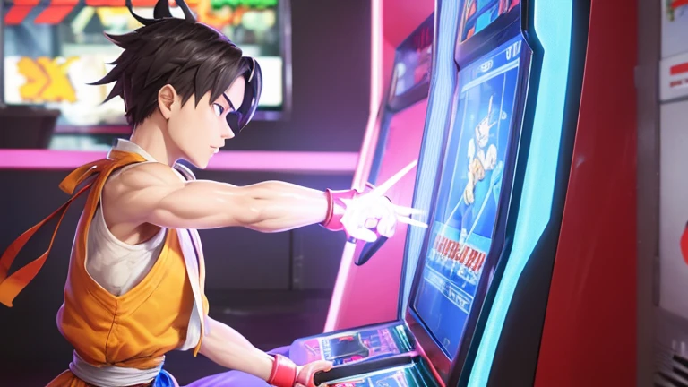 (Street Fighter characters,Shou is playing a game),arcade game,Hit the button hard,Intense lever operation,