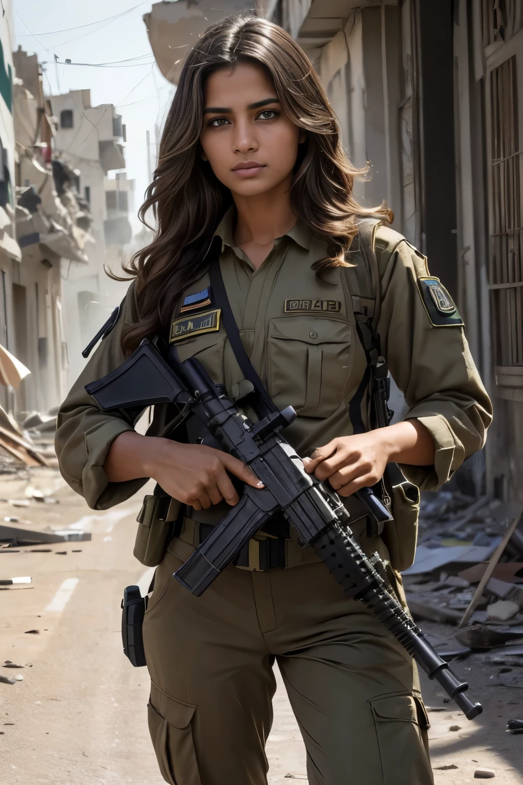a beautiful pakistan 25 years old female soldier, athletic body, wearing pakistan military pants, wearing an pakistan long military shirt, wearing israeli body armor plates, wearing military gloves, (holding an israeli TAR-21 automatic rifle:1.3), (perfectly well drawn israeli TAR-21 automatic rifle:1.3), wearing pakistan ammunition pouches, determined face, battle hardened face:1.2, tan skin, long wavy brown hair, light brown eyes, thin face, (walking in the middle of a ruined Gaza city street with her squad, rumbles in the street:1.2), battle hardened look, (sunny lighting:1.1), ultra high res.photorealistic:1.4, UHD, (anatomically correct:1.2), (cowboy shot:1.3)