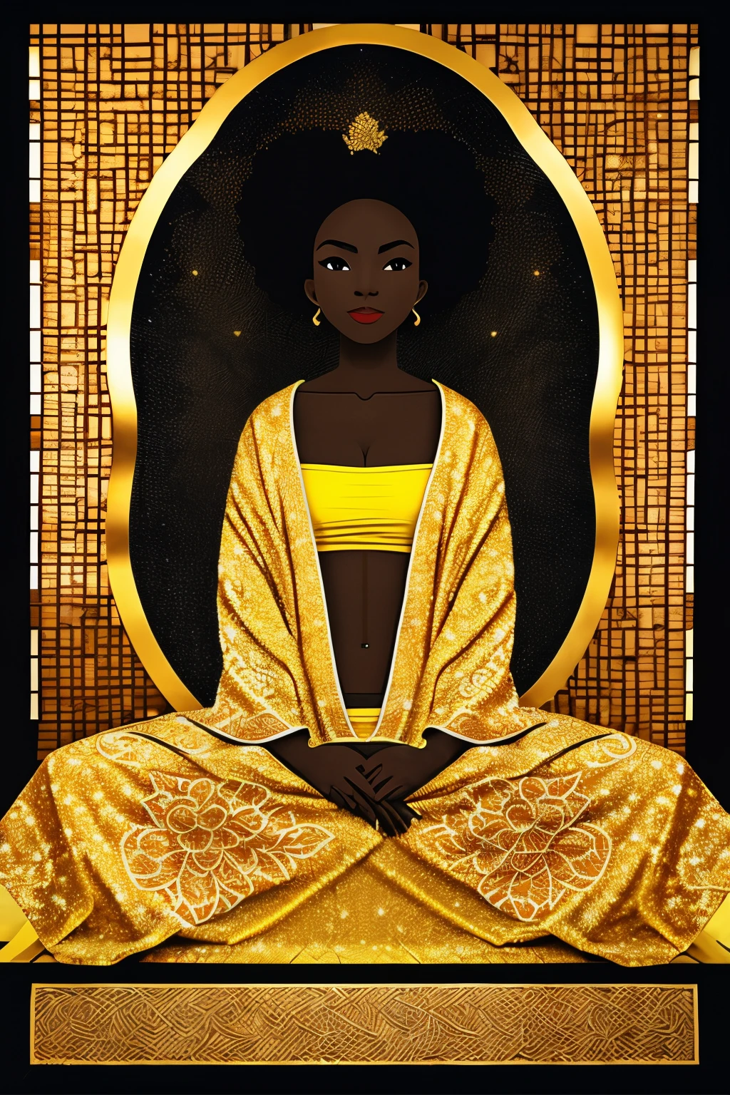 In the heart of a dojo, a black Nubian woman dressed in an exquisite black and gold silk kimono gleams under the vibrant and beautiful colors of the hyperrealistic image. The intricately designed kimono, adorned with gold glitter, catches the light and reflects it in a mesmerizing manner. Hanging in front of her is a curtain, fashioned from golden strings, swaying gently as if in rhythm with the drums she holds. The drums, made of rich dark wood and intricately carved, rest on a tatami mat, adding to the authenticity of the scene. The atmosphere is heightened by the cinematic lighting, which bathes