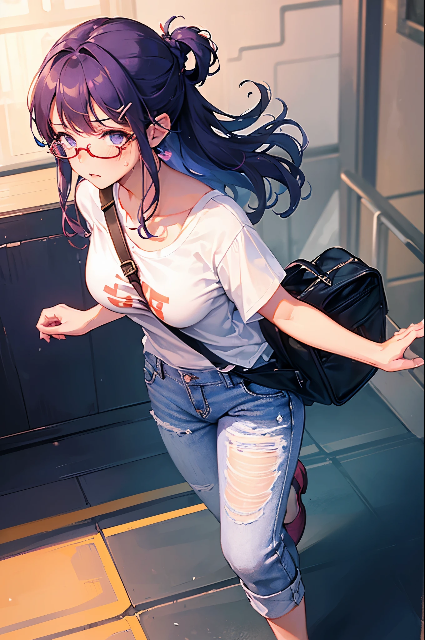 (1girl solo:1.2), cowboy shot (dutch angle from above:1.2), looking at viewer, pov,
(walking on stairs:1.2) in train station platform, railing, white t-shirt, jeans, shoulder bag strap between breasts paisura,
purple (wavy hair:1.2) medium, half updo, ears, red (eyewear:1.1), loose clothes, blush, sweatdrop, pumps,
