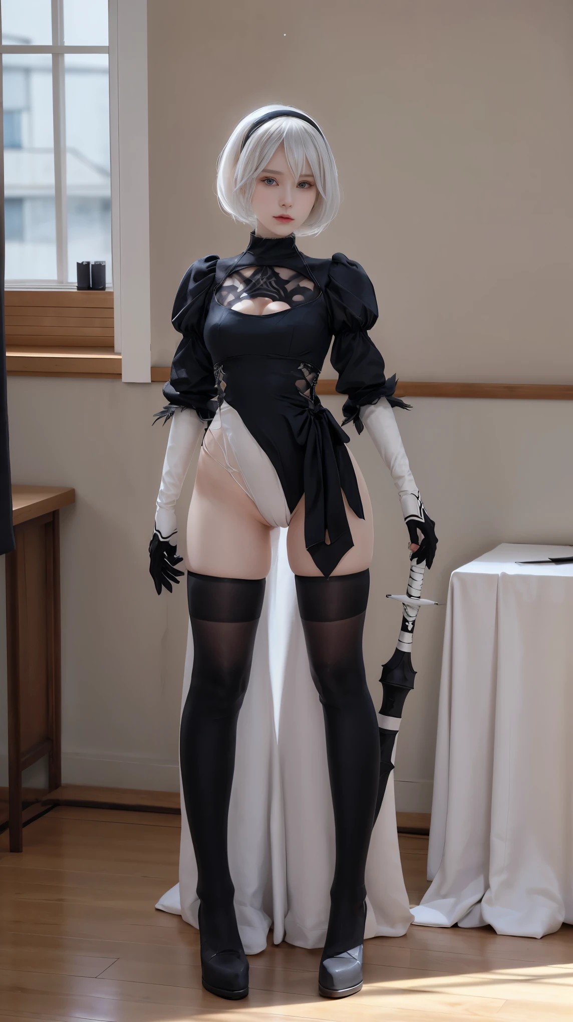 nier:Beautiful cosplay of 2B from Automata、A woman cosplaying as 2B、White skin、tall、Small face、Sharp Eye、23 years old、British women、Half British、nier:2B&#39;s black costume from Automata、Light background、FantasyなWhite churchの中を背景に、White churchの真ん中にかっこよく立って決めポーズする、Shooting from a diagonal angle、masterpiece、highest quality、high resolution、Fantasy、Glare、Anime Cosplay Makeup、Real Cosplay Photo、Cool photos、Full body portrait、handsome pose、Wrapped in a pale white glow、like、happiness、Kindness、Smoothly rendered