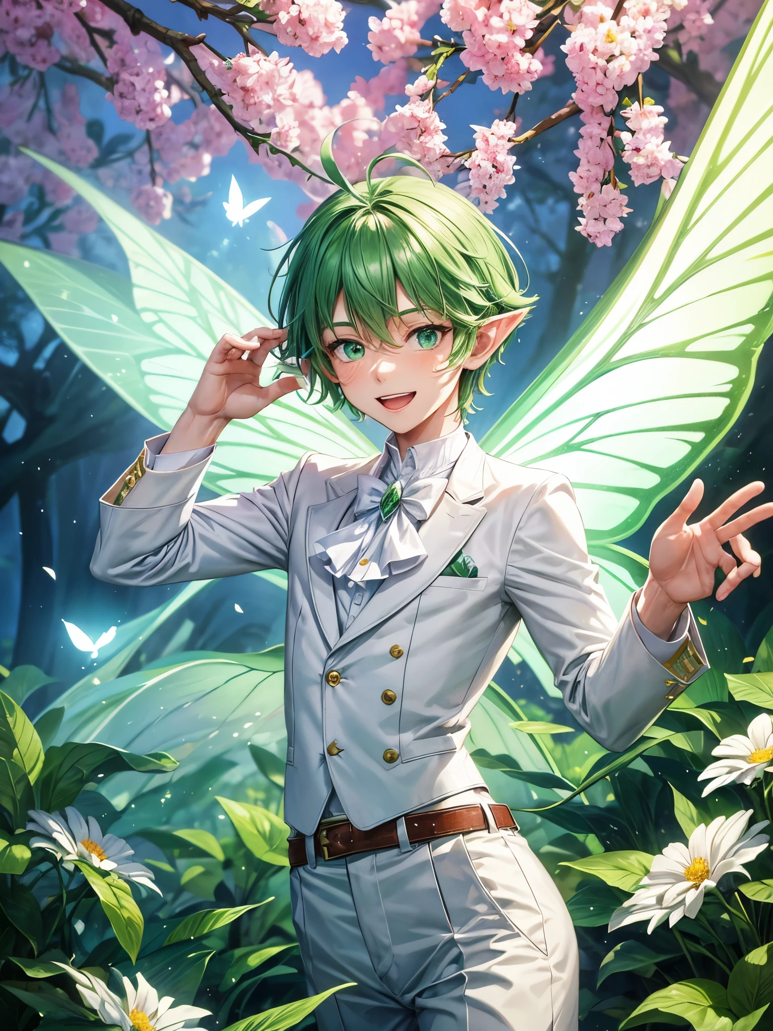 a boy wearing a white shirt, white trousers and a green jacket, bright green hair, big green eyes, a lot of flowers around, a magic forest background, pointy ears, butterfly style fairy wings, magic powder, flying, (An ultra-high picture quality), ultra detailed, hdr, smiling