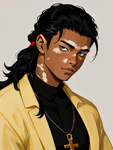 Human Male, hair Style , (( best quality))  ,((Skin Black white Vitiligo )), manga Style , wearing Priest Clothing , ((yellow pupilas))