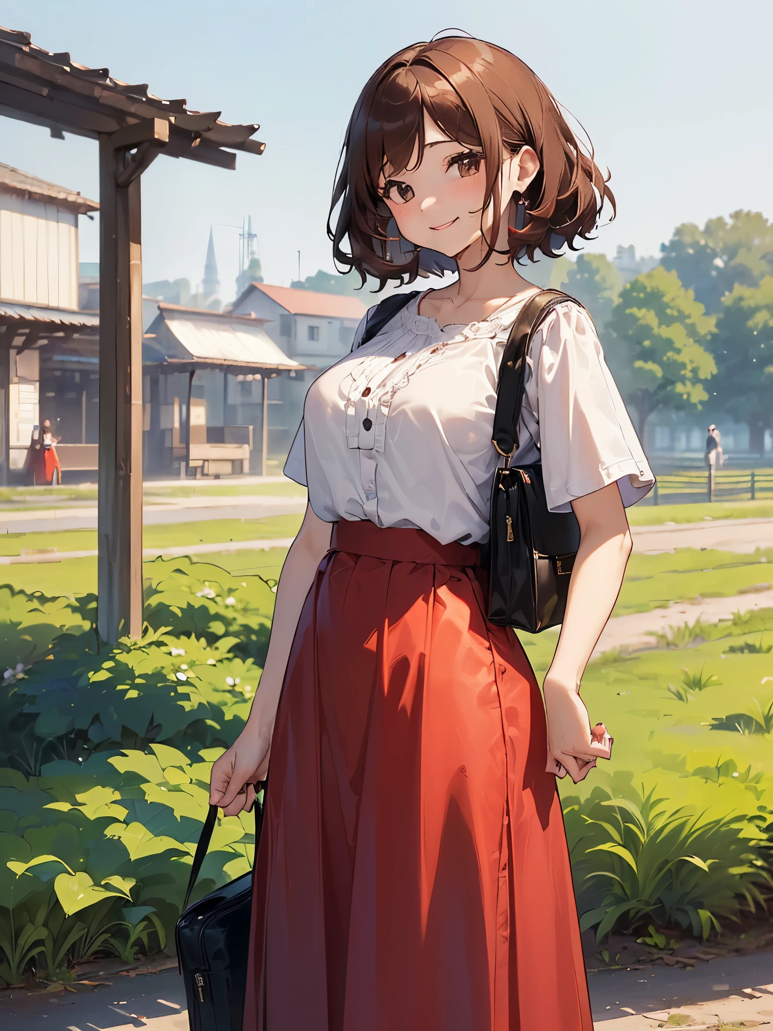 (((Highest quality、High resolution、masterpiece、Perfect human body)))、(((Cowboy Shot)))、(((One Woman、8 heads、Brown Hair:1.3、Wavy Hair:1.3、Bobcut:1.3、Sweep your bangs to the side:1.3、Round eyes、Beauty:1.3、Large breasts、Big butt、White short sleeve blouse:1.3、Red long skirt:1.3、smile:1.3、In front of the station in the countryside、congestion、Traveler、Shoulder bag)))