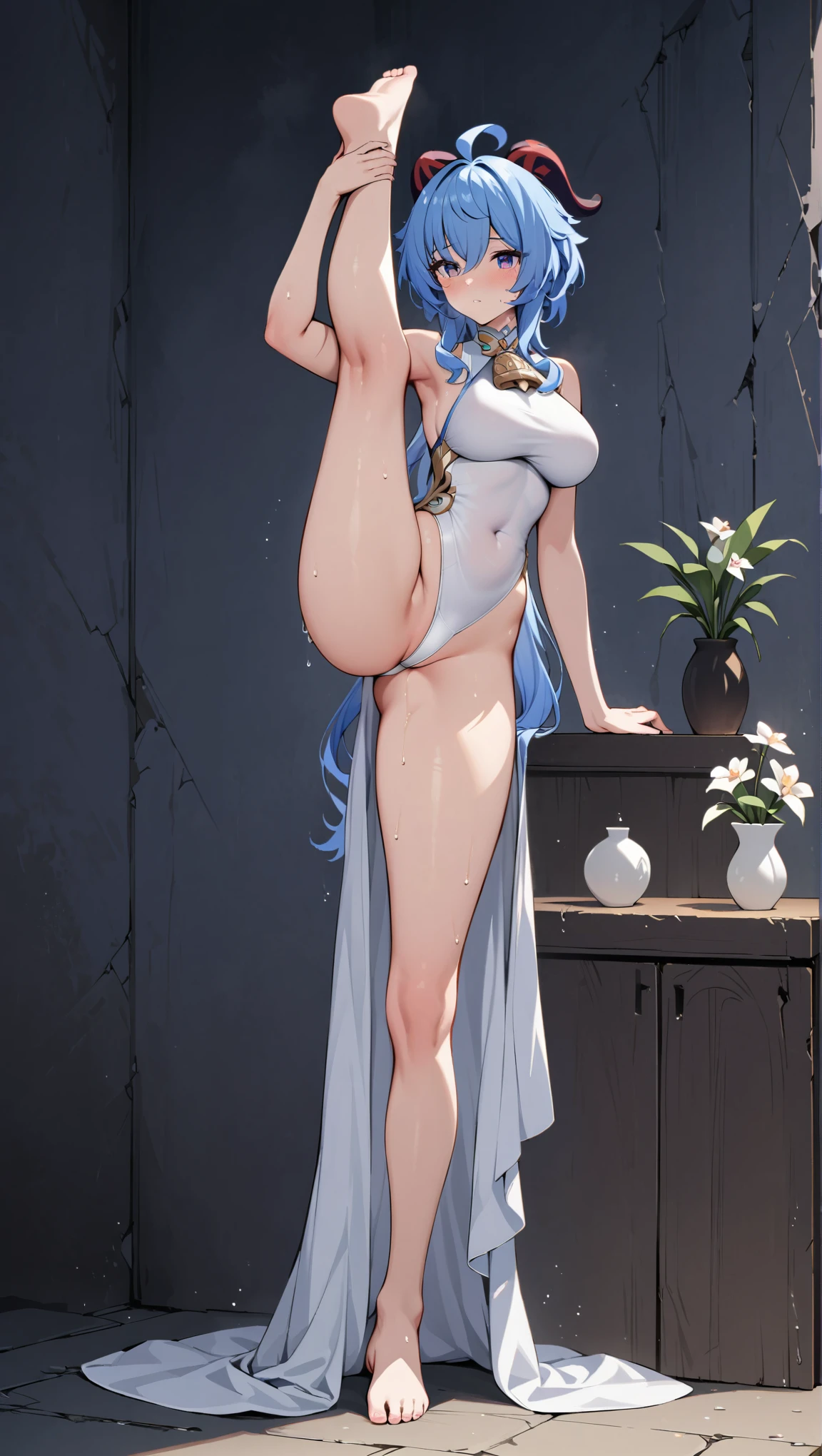 Leg lift，White Thong underwear，Leg lift，Genshin ImpactGanyu(masterpiece, best quality:1.2), Genshin Impact，Ganyu, Solitary,permanent_, Big breasts，Tall figure，Straight legs，whole body，barefoot，。White Thong underwear，Leaky belly button，department