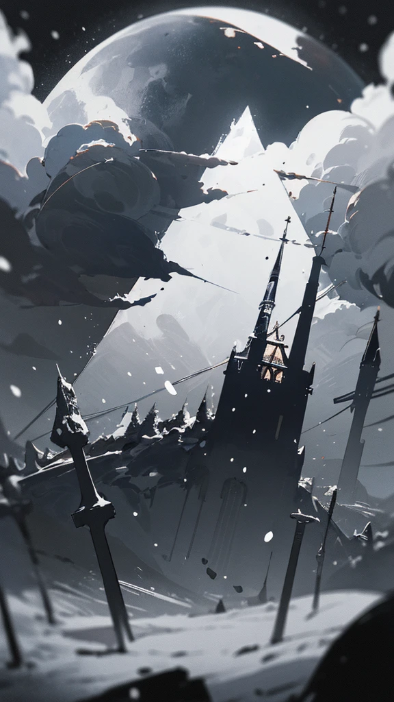 (masterpiece、highest quality)、Warm lighting、 Blurred foreground、Deep in the night、High Contrast,it's snowing,curse,Black night,full moon,universe,planet,Moon and Earth,Ruined World