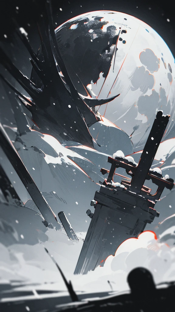 (masterpiece、highest quality)、Warm lighting、 Blurred foreground、Deep in the night、High Contrast,it's snowing,curse,Black night,full moon,universe,planet,Moon and Earth,Ruined World