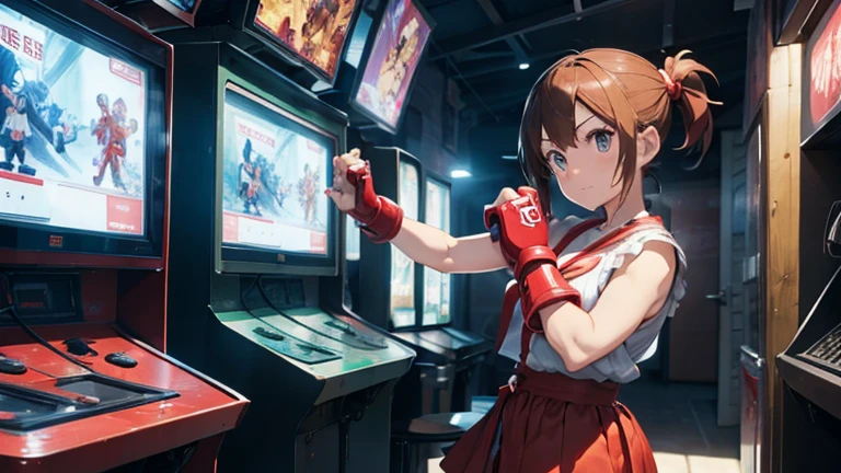 (Street Fighter characters,Shou is playing a game),arcade game,Hit the button hard,Intense lever operation,