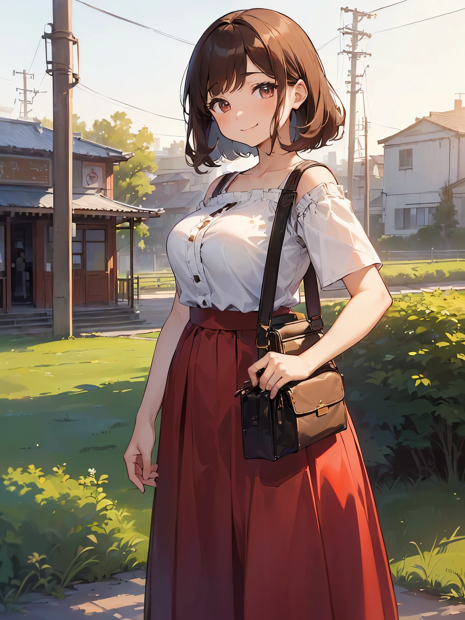 (((Highest quality、High resolution、masterpiece、Perfect human body)))、(((Cowboy Shot)))、(((One Woman、8 heads、Brown Hair:1.3、Wavy Hair:1.3、Bobcut:1.3、Sweep your bangs to the side:1.3、Round eyes、Beauty:1.3、Large breasts、Big butt、White short sleeve blouse:1.3、Red long skirt:1.3、smile:1.3、In front of the station in the countryside、congestion、Traveler、Shoulder bag)))