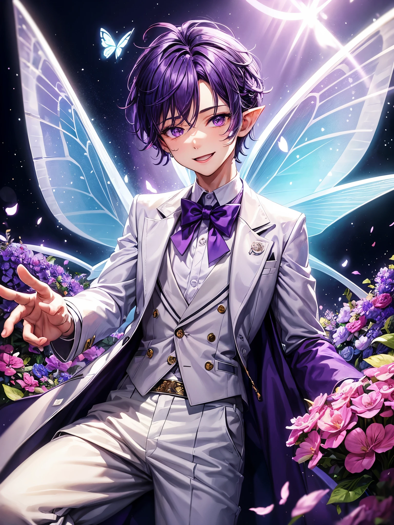 a boy wearing a white shirt, white trousers and a purple jacket, bright purple hair, big purple eyes, a lot of flowers around, a magic forest background, pointy ears, butterfly style fairy wings, magic powder, flying, (An ultra-high picture quality), ultra detailed, hdr, smiling