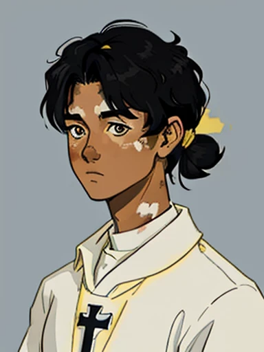 Human Male, hair Style , (( best quality)) ,((Skin Black white Vitiligo )), manga Style , wearing Priest Clothing , ((yellow pupilas))