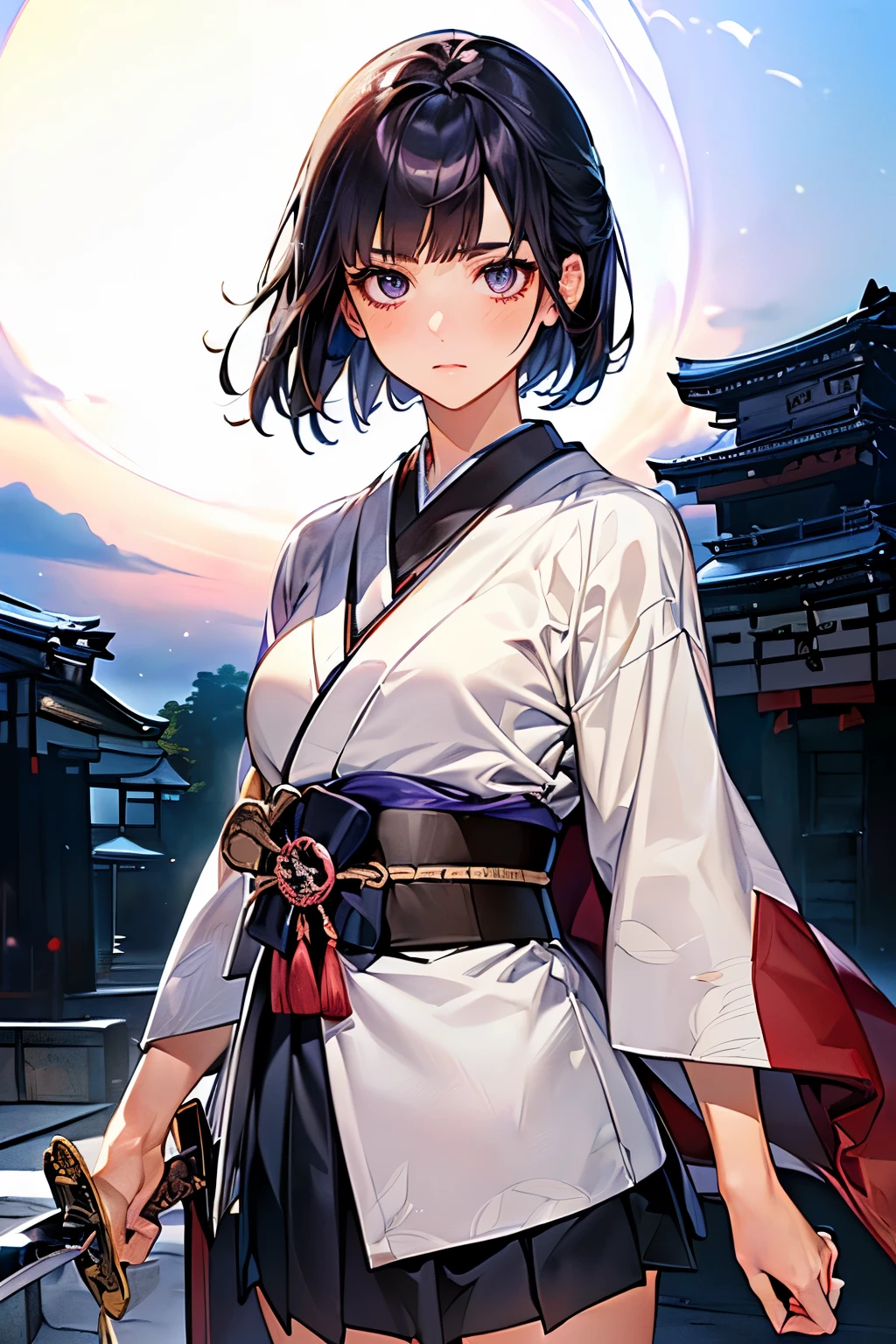 (((perfect anatomy,realistic:1.4,RAW Photography:1.4,masterpiece、highest quality、Ultra - High resolution、High resolution、Highly detailed CG、8K))),cowboy shot,1 female,solo,Female Swordsman、18 year old beauty,Japanese,((beautiful detailed face and eyes:1.3,big gorgeous eyes:1.3,gray eyes)),black hair,short bob hair,blunt bangs,blush,(medium breasts,slender body,small head:1.3,skinny),(gleaming skin:1.4,oily skin,shiny skin),(Black blazer、navy blue bow tie、Pleated black mini skirt)、((１Japan sword of the bookを右手に持っている:1.5、Accurate and precisely depicted１Japan sword of the book:1.7)), rooftop of high-rise building,Tokyo、at night、moonlight,