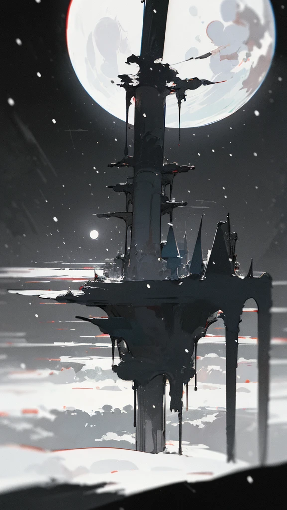 (masterpiece、highest quality)、Warm lighting、 Blurred foreground、Deep in the night、High Contrast,it's snowing,Black night,full moon,universe,planet,Moon and Earth,Ruined World