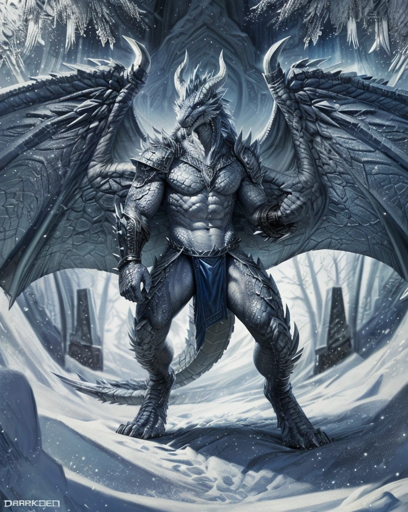 Dragon warrior,comic book style, illustration, solo, viking, light blue detailed scales, majestic horns, rough scales, plated scales, ferocious, male, [[proud pose]],, masterpiece, best art, armor, full body, digitigrade, by darkgem, spikes, snowy forest background, wings on back, velkhana, loincloth, abs