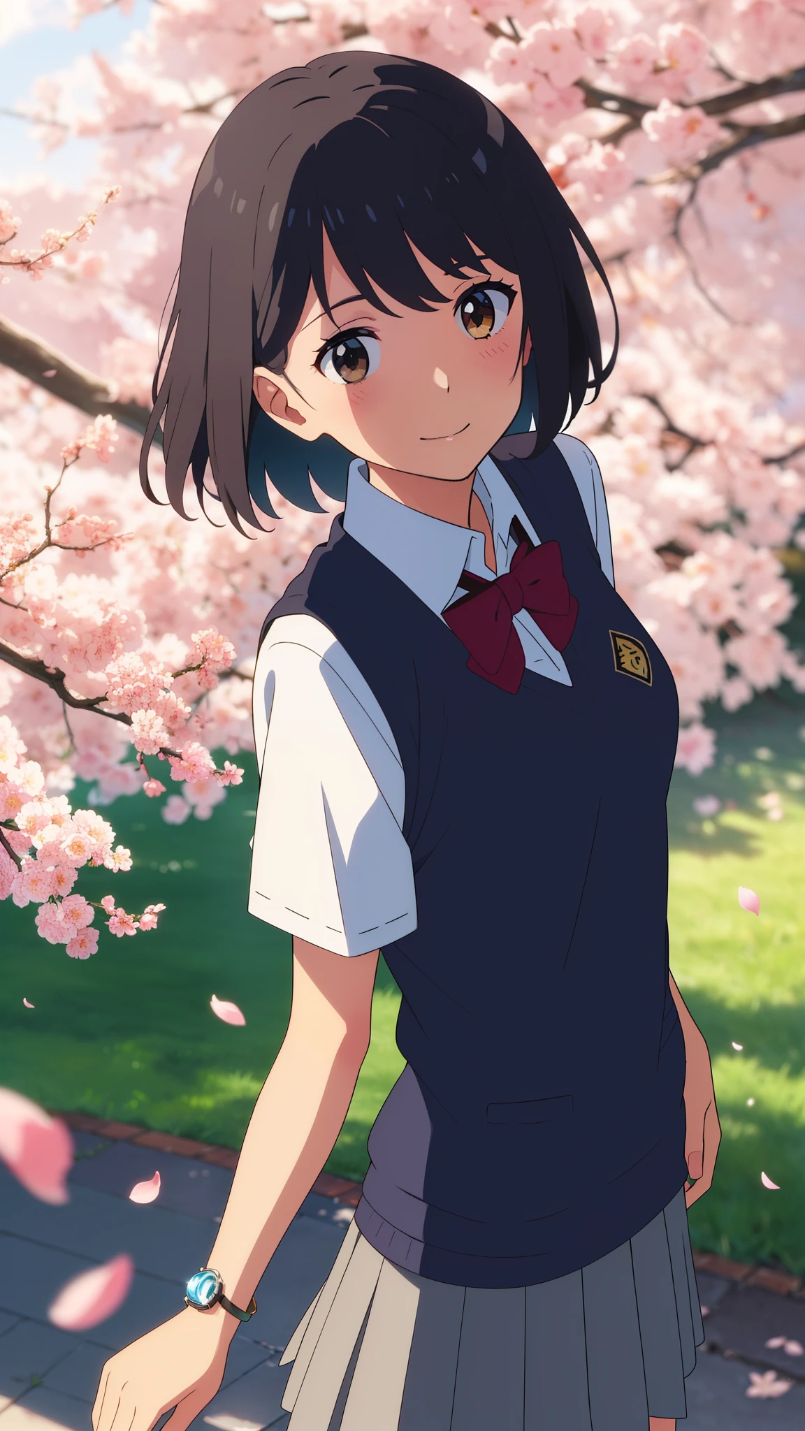 shinkai makoto, kimi no na wa., 1girl, bangs, black hair, blush, bright eyes, brown eyes, headband, looking at the viewer, red bow, red headband, red ribbon, , shirt, sweater vest, vest, white shirt, yellow sweater vest, yellow vest, skirt, blue skirt, short sleeves, short hair, medium breasts, solo, day, outdoors, shiny skin, standing, shadow, smile, happy, bracelet, cherry_blossoms, falling_petals, petals, branch, pink_flower, blue_sky, sunlight, spring_season, wind, tree, upper-body