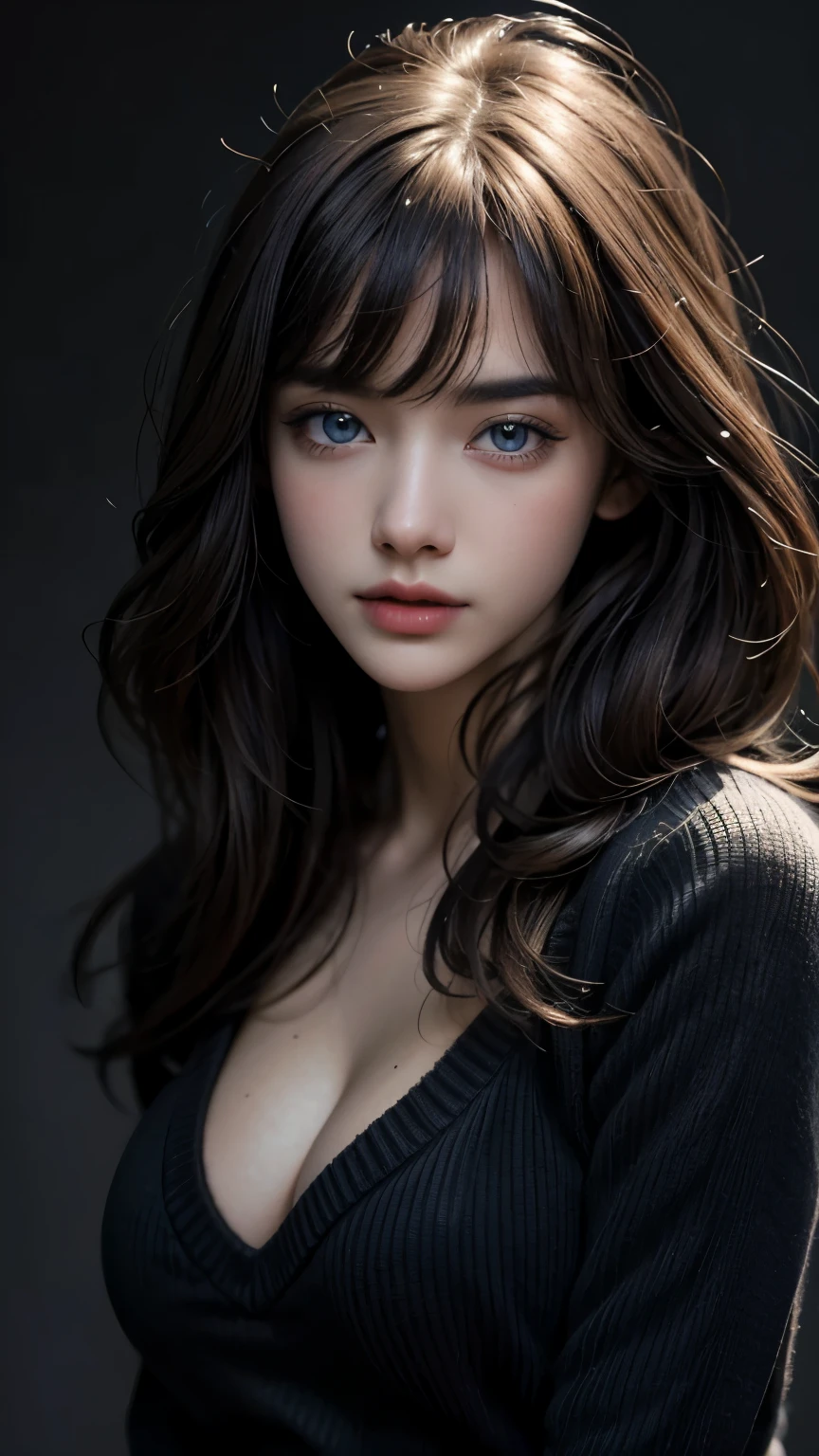 masterpiece, best quality, ultra-detailed, intricately detailed hyperdetailed, realistic, sharp features, highly detailed, sharp focus, perfect face, perfect face, perfect symmetrically perfect eyes, perfect full lips, flexible female form, cinematic, film light, hyper detailed, hyper realistic, high resolution, vibrant, dynamic studio lighting, ((Dark background)), Sexy face, Facial expressions when receiving pleasure, straight Bangs, Big breasts, Exposed cleavage, blue Eyes,black sweater, cowboy shot,