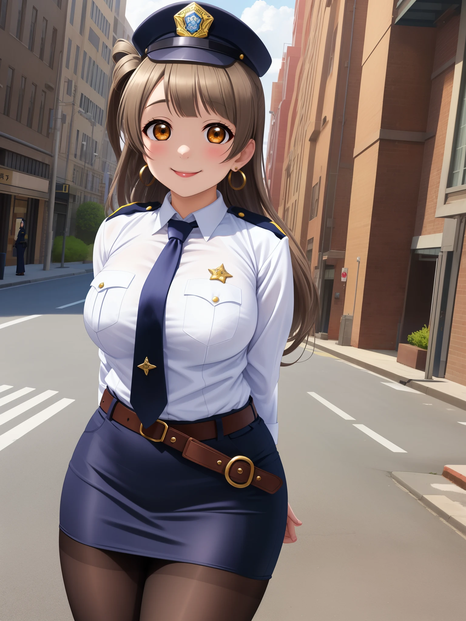 Masterpiece, best quality,solo, (detailed face), minami kotori, curvy body, smile ,white shirt,half sleeves,earrings, pencil skirt, necktie , standing,police cap,in street,looking at viewer, cowboy shot, thighs, wide hips , arms behind back ,solo focus ,belt, pantyhose , skin tight  