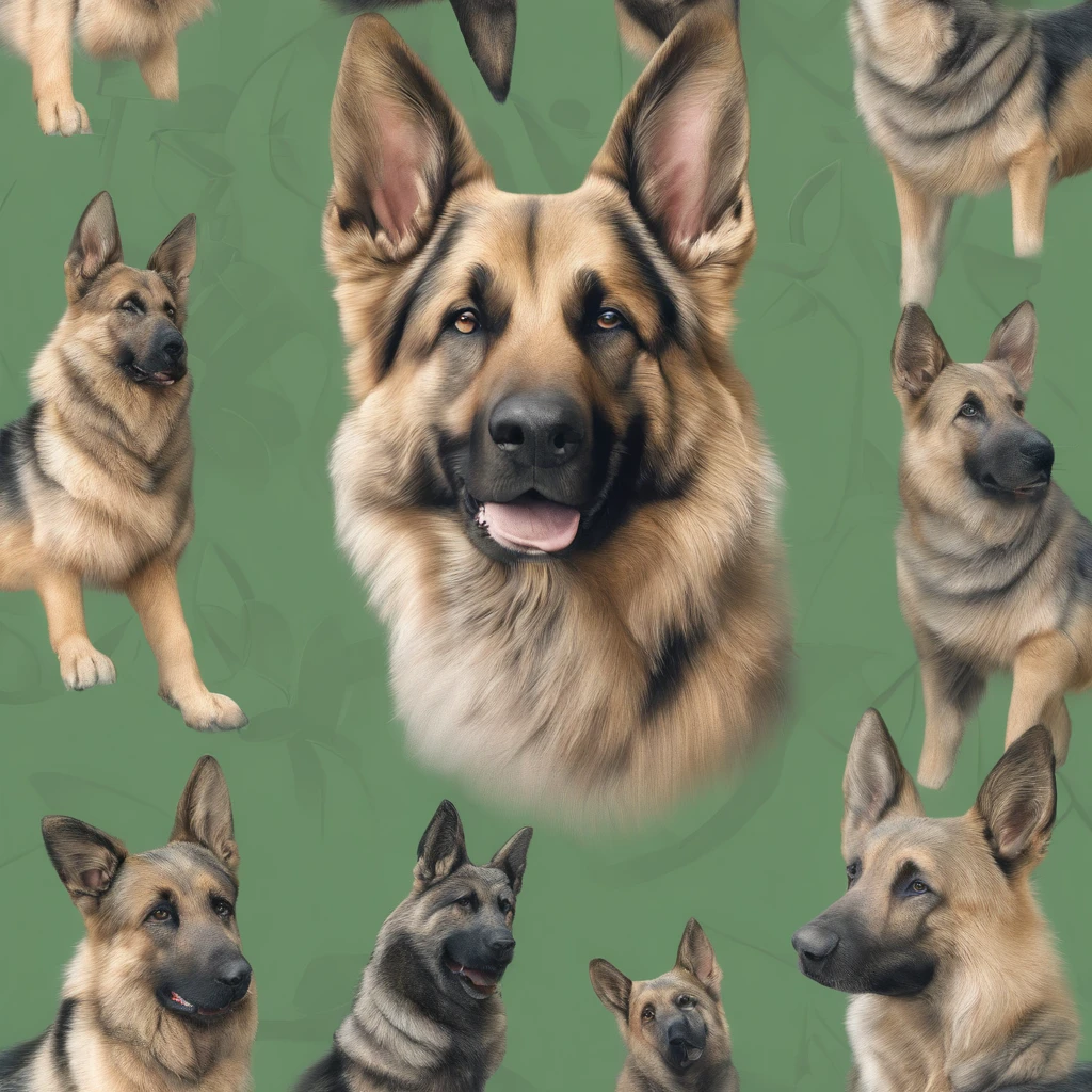 (best quality,4k,8k,highres,Meisterwerk:1.2),Ultra-detailliert,(realistisch,photorealistisch,photo-realistisch:1.37),Illustration,German Shepherd ,Stehende Position von vorne,Blau,Grau,braun,Bright green eyes,Blumenhintergrund