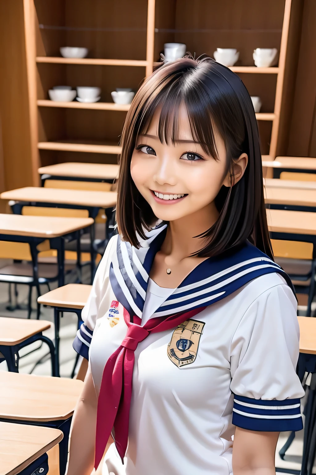 Arafe Asian woman in sailor suit smiling for a photo in a classroom, wearing japanese , seifuku, shinkai makoto, iwakura lain,rumiko, japanese , Another close-up of Iwakura, Japanese Girls , Chiho, akiko takase, aya takano, nishimiya shouko