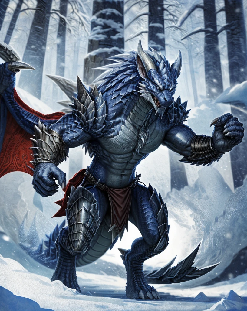 Dragon warrior,comic book style, illustration, solo, viking, light blue detailed scales, majestic horns, rough scales, plated scales, ferocious, male, [[proud pose]],, masterpiece, best art, armor, full body, digitigrade, by darkgem, spikes, snowy forest background, wings on back, loincloth, abs, lunagaron