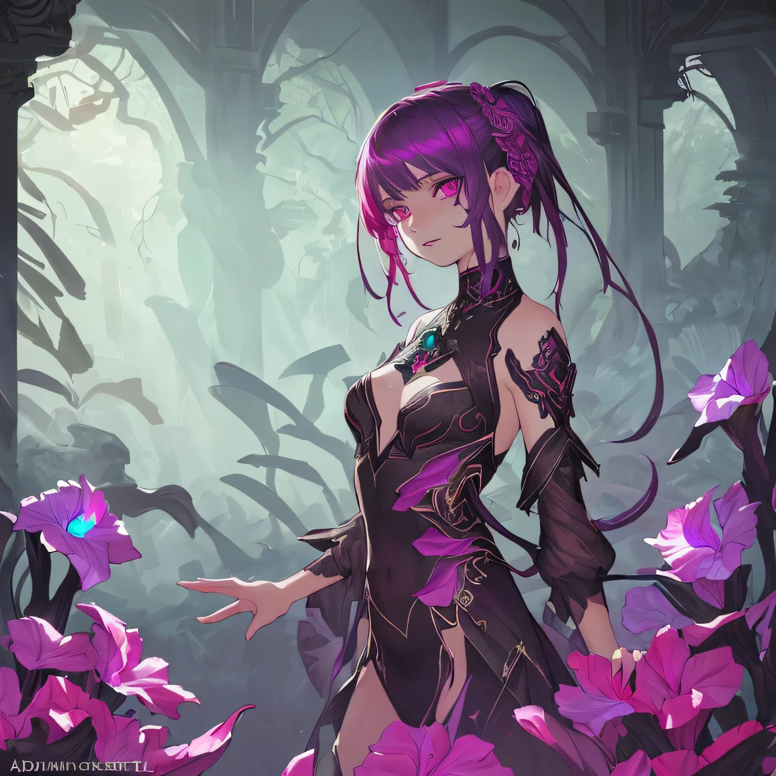 Adenium-themed artwork, ((highest quality)), High resolution, 8k, Cinematic Light, High Contrast, Written boundary depth, Strong brilliance, Detailed Background, One Girl, cute, fine grain, Shining Eyes, Detailed Iris,poison,insanity,