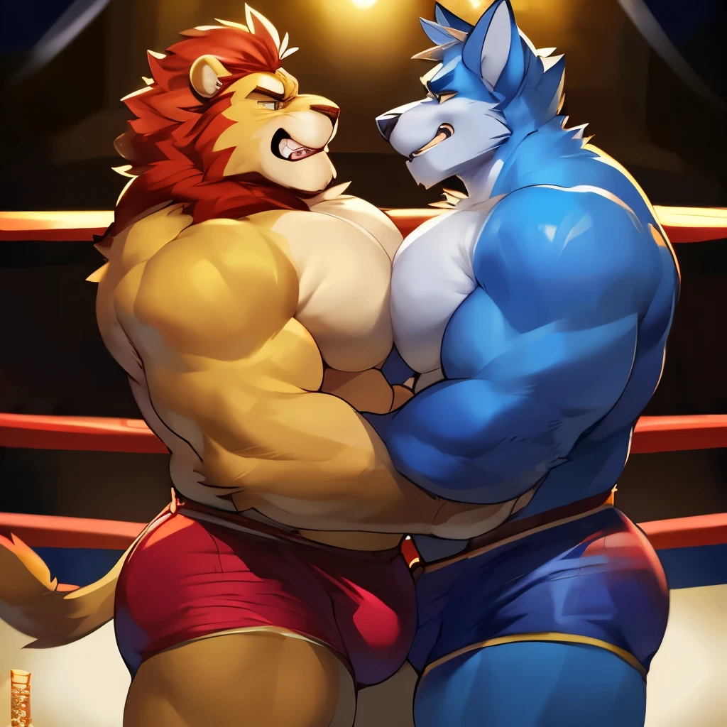 Duel, male, muscular, giant, staredown, enormous, buff, strong, massive biceps, massive pecs, Wolf vs Lion, wearing boxers, massive bulges, detailed bulges, bulge touch, dad bods, growling at each other, by darkgem, by mystikfox61, by glitter trap boy, wrestling ring, angry expressions