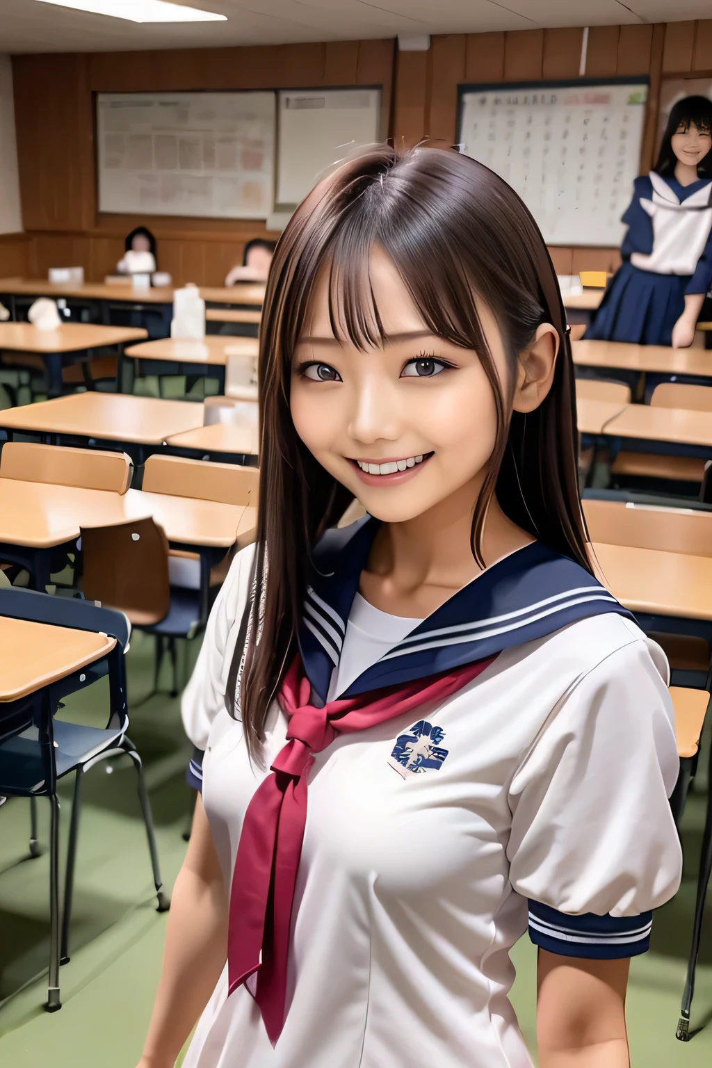 Arafe Asian woman in sailor suit smiling for a photo in a classroom, wearing japanese , seifuku, shinkai makoto, iwakura lain,rumiko, japanese , Another close-up of Iwakura, Japanese Girls , Chiho, akiko takase, aya takano, nishimiya shouko