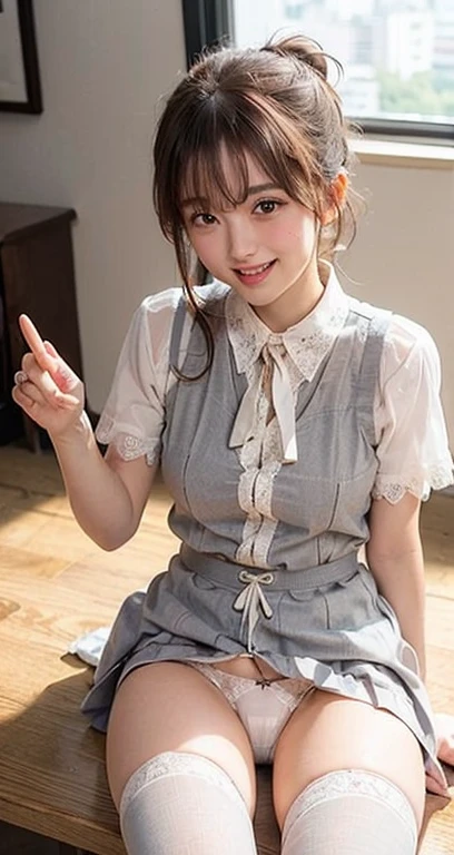 (((eyeをそらす,ponytail、口in教える))),(((((Grey checked knee-length pleated skirt、White lace-up blouse、Laughter))))),((図書館in、本を読んinいる))、Tabletop, One Girl, highest quality, Super detailed, (Shiny), (small)、(((with blush cheeks,))),Ray Tracing,Perfect lighting, (Milky skin:1.2),reflection, look up_in_Audience, blush, yellow_eye, The cutest 28-year-old girl in Japan、small ribbons in the hair、Contrast legs,((Sexual pose:1.5))、((Panties:1.5))