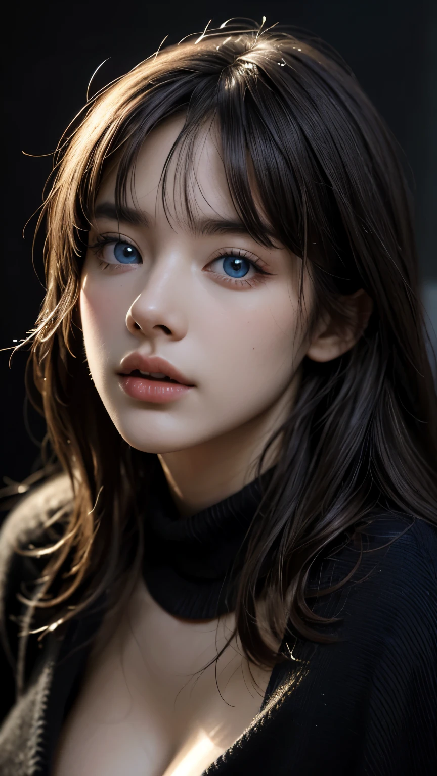 masterpiece, best quality, ultra-detailed, intricately detailed hyperdetailed, realistic, sharp features, highly detailed, sharp focus, perfect face, perfect face, perfect symmetrically perfect eyes, perfect full lips, flexible female form, cinematic, film light, hyper detailed, hyper realistic, high resolution, vibrant, dynamic studio lighting, ((Dark background)), Sexy face, Facial expressions when receiving pleasure, straight Bangs, Big breasts, Exposed cleavage, blue Eyes,black sweater, cowboy shot,