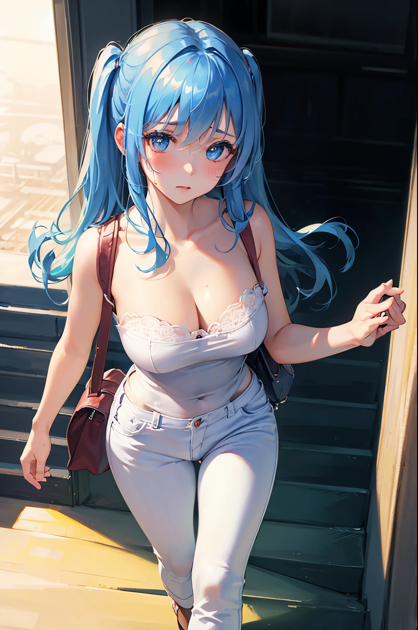 (1girl solo:1.2), cowboy shot (dutch angle from above:1.2), looking at viewer, pov,
(walking on stairs:1.2) in train station platform, railing, white t-shirt, jeans, shoulder bag strap between breasts paisura, 8K, highest quality, masterpiece, super detailed、bright blue hair、medium long hair、twin tails、young face、、full lips、Pale blue eyes、、blush、lipstick、medium breasts、perfect hands、detailed hands,, loose clothes, blush, sweatdrop, pumps, 8K, highest quality, masterpiece, super detailed、bright blue hair、medium long hair、twin tails、young face、17 years oldale blue eyes、、blush、lipstick、medium breasts、perfect hands、detailed hands,shoulder bag strap between breasts paisura、shoulder bag strap between breasts paisura
