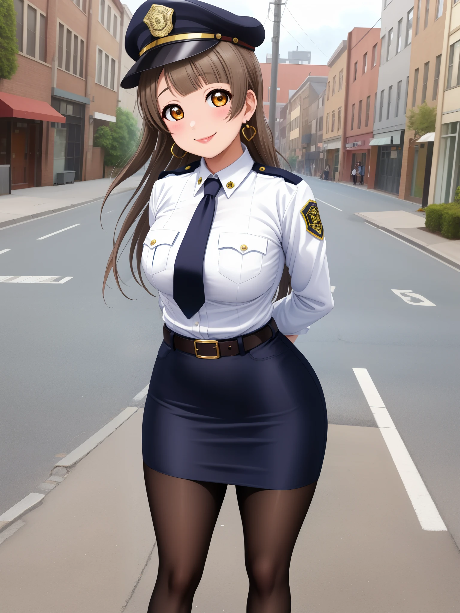 Masterpiece, best quality, solo, (detailed face), minami kotori, curvy body, smile ,white shirt,half sleeves,earrings, pencil skirt, necktie , standing,police cap,in street,looking at viewer, cowboy shot, thighs, wide hips , arms behind back ,solo focus ,belt, pantyhose , skin tight  