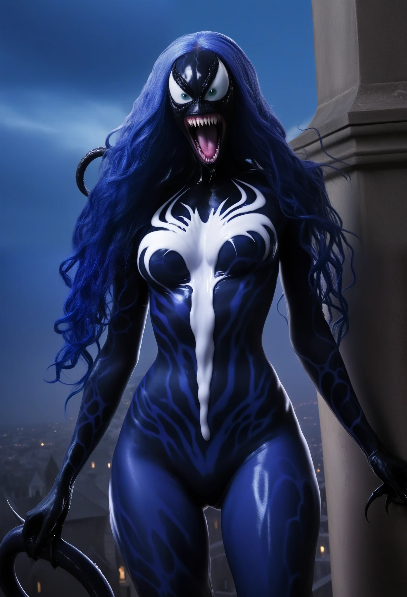 she venom,venom,symbiote,sapphire，A girl，Standing on the church bell tower，Black tentacle insertion，White mucus discharge，Long blue hair，Purple Eyes,sex,，The Venom symbiote on his body began to tear