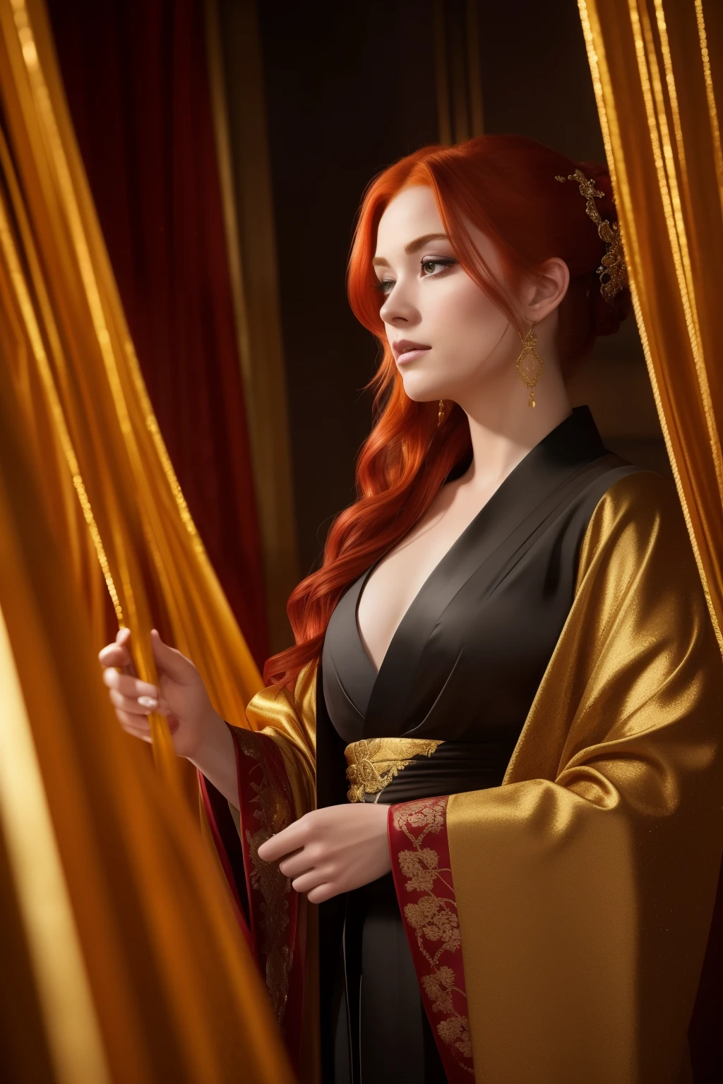 A mesmerizing hyperrealistic image of a redhaired woman in a black and gold silk kimono, the glittering fabric adorned with vibrant, beautiful colors that shimmer under cinematic lighting. Her expressive eyes are fixated on the drums she passionately plays in a dojo. A delicate curtain made of golden strings hangs in front of her, cascading down gracefully. The unforgettable scene is expertly rendered using Unreal Engine, with every detail in 32k ultra HD resolution. Each strand of her red hair, the intricate patterns on her kimono, and the gold strings of the curtain are depicted in unparalleled detail.
