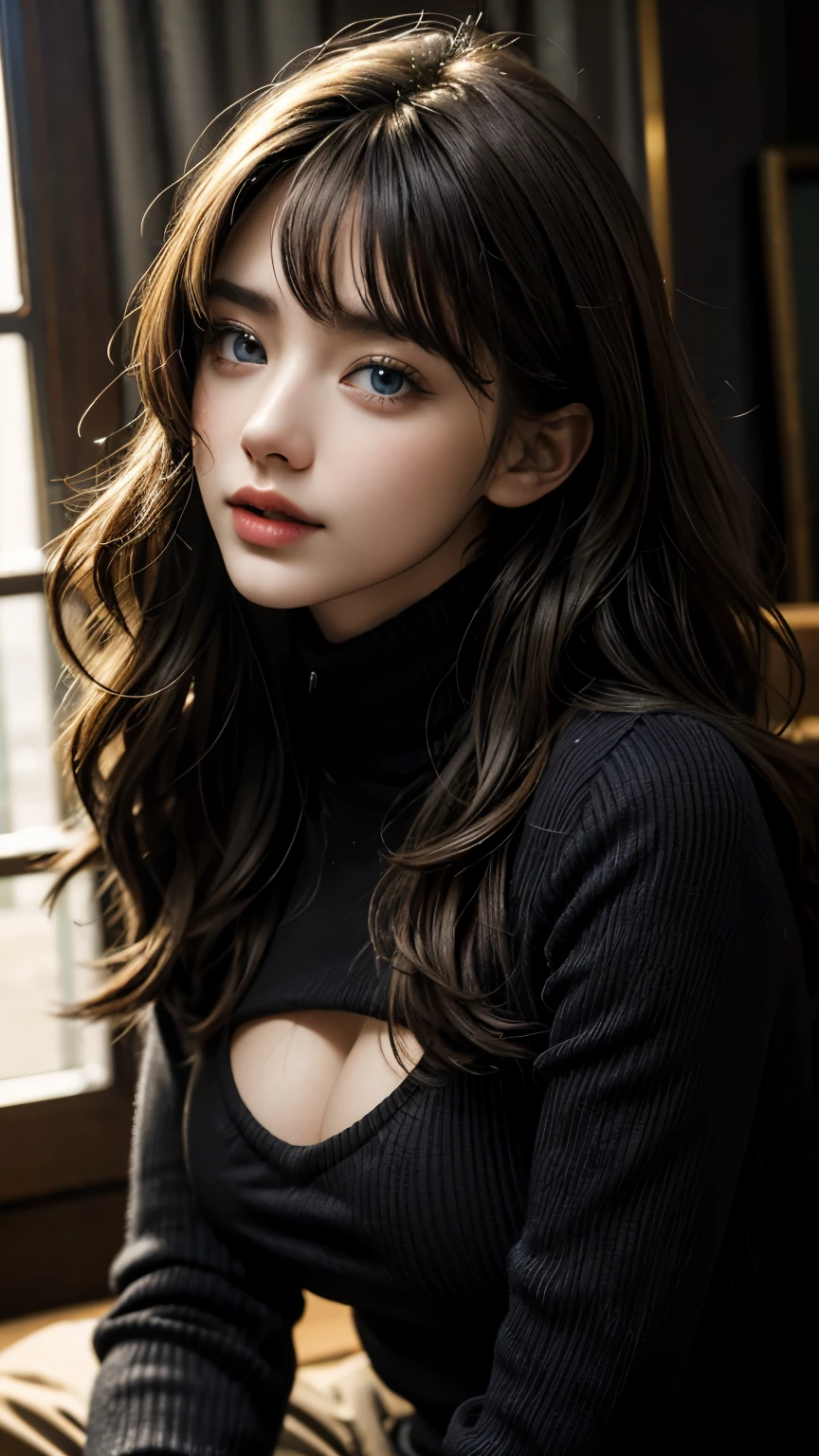 masterpiece, best quality, ultra-detailed, intricately detailed hyperdetailed, realistic, sharp features, highly detailed, sharp focus, perfect face, perfect face, perfect symmetrically perfect eyes, perfect full lips, flexible female form, cinematic, film light, hyper detailed, hyper realistic, high resolution, vibrant, dynamic studio lighting, ((Dark background)), Sexy face, Facial expressions when receiving pleasure, straight Bangs, Big breasts, Exposed cleavage, blue Eyes,black sweater, cowboy shot,