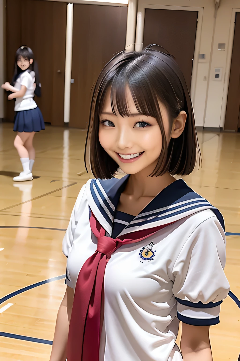 Arafe Asian woman in sailor suit smiling for a photo in school gym, wearing japanese , seifuku, shinkai makoto, iwakura lain,rumiko, japanese , Another close-up of Iwakura, Japanese Girls , Chiho, akiko takase, aya takano, nishimiya shouko