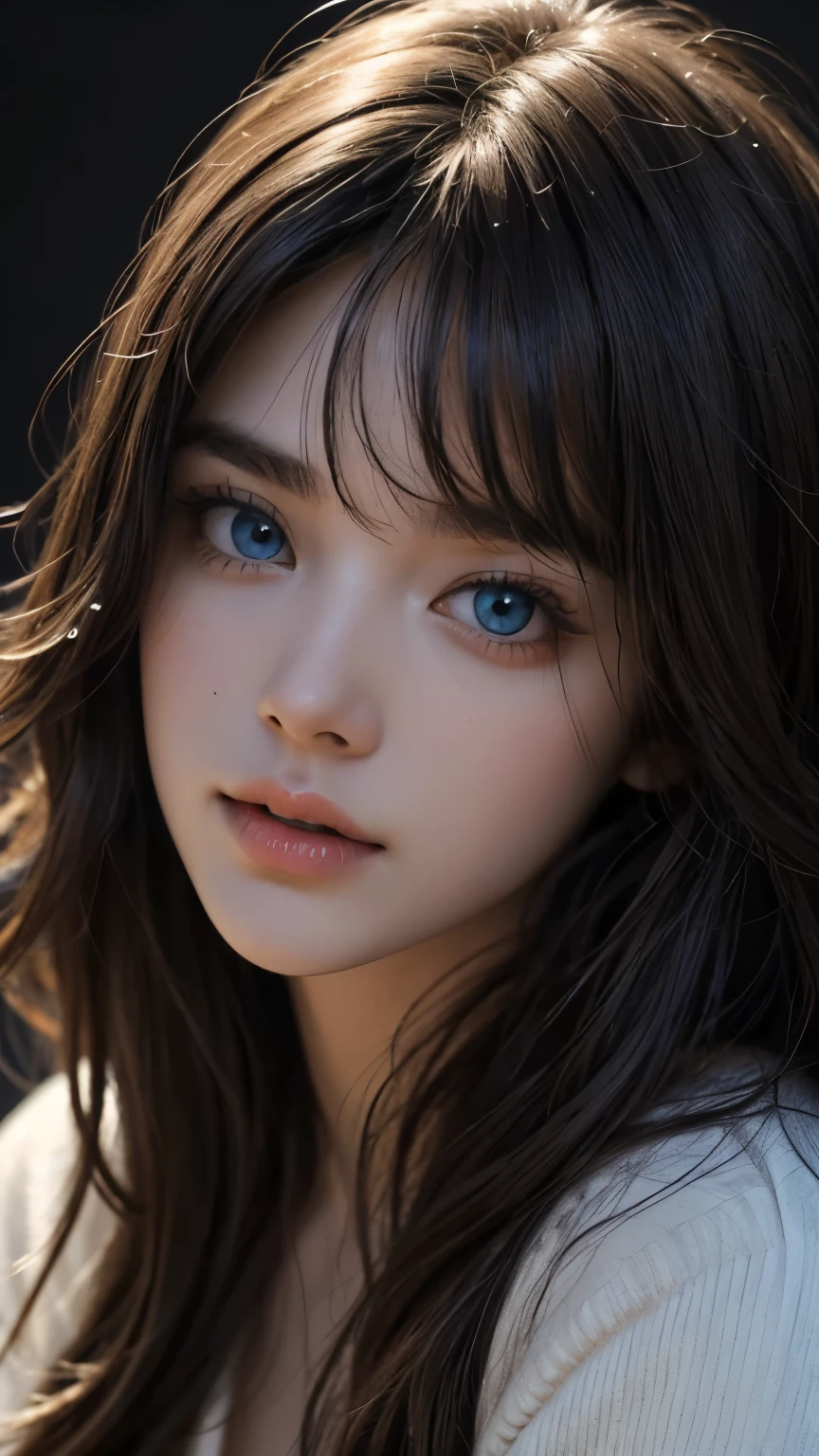 masterpiece, best quality, ultra-detailed, intricately detailed hyperdetailed, realistic, sharp features, highly detailed, sharp focus, perfect face, perfect face, perfect symmetrically perfect eyes, perfect full lips, flexible female form, cinematic, film light, hyper detailed, hyper realistic, high resolution, vibrant, dynamic studio lighting, ((Dark background)), Sexy face, Facial expressions when receiving pleasure, straight Bangs, Big breasts, Exposed cleavage, blue Eyes,black sweater, cowboy shot,