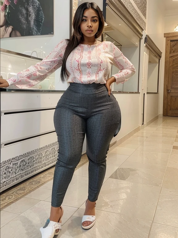 imagem altamente detalhada, Cabelo longo e liso de mulher dominicana, com roupas pretas, Roupas altamente detalhadas, rosto e olhos altamente detalhados, curvilinear serve,quadris largos, coxas grossas, bunda redonda, black pants