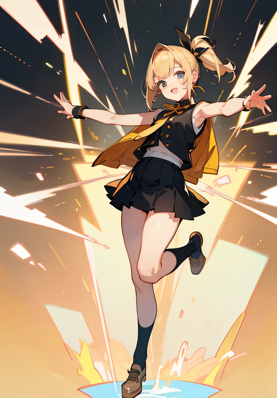 {best quality},The left hand is raised and the right hand is thrust forward、、Blonde Bob、Thin and long ponytail、Ribbon hair fastening、Patsun bangs、Small breasts、bangs、sleeveless suit jacket、、mini-pleats-skirt、playful smile、openmouth、full body shot,full body