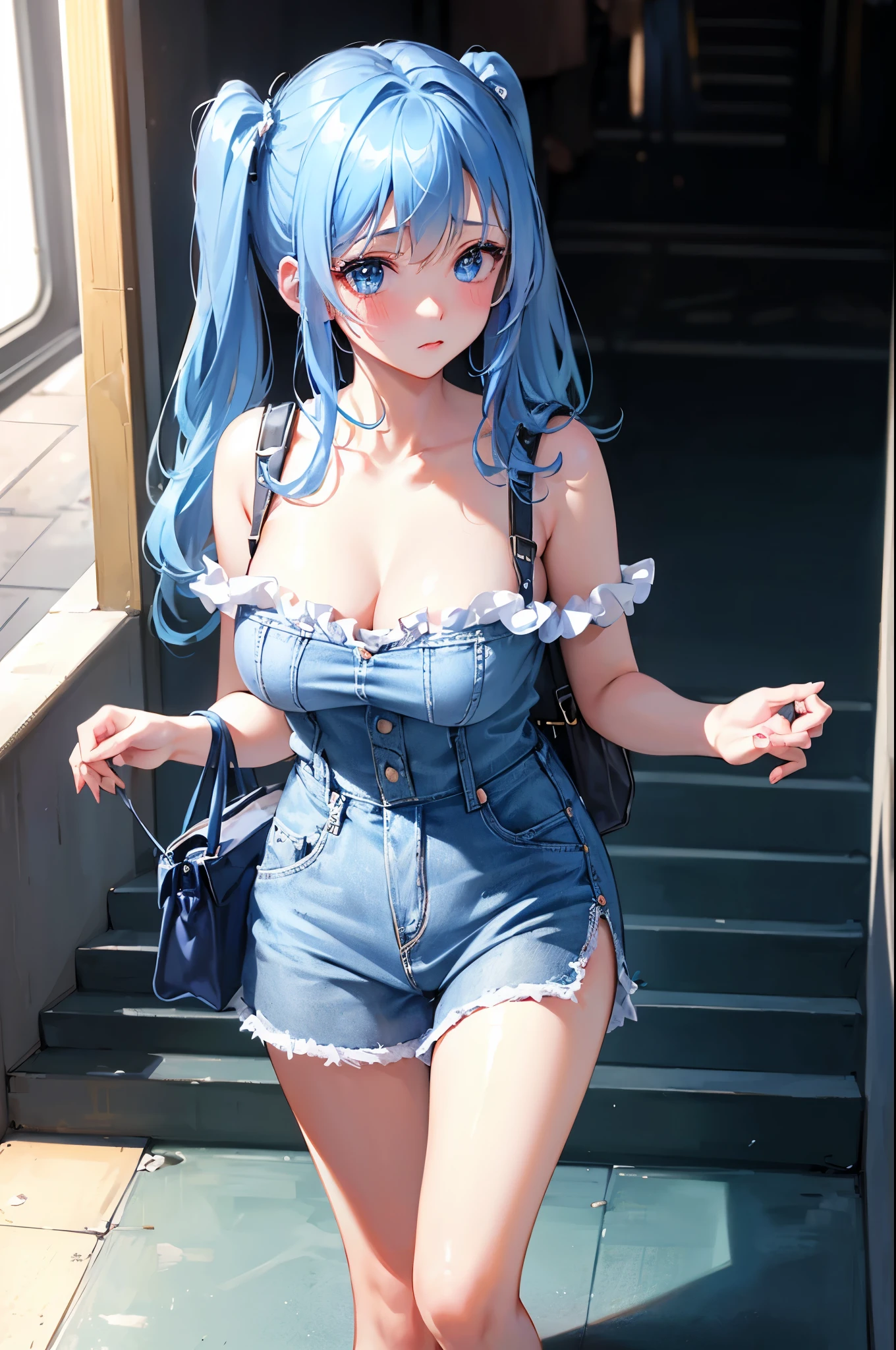 (1girl solo:1.2), cowboy shot (dutch angle from above:1.2), looking at viewer, pov,
(walking on stairs:1.2) in train station platform, railing, white t-shirt, jeans, shoulder bag strap between breasts paisura, ８K, highest quality, masterpiece, super detailed、bright blue hair、medium long hair、twin tails、young face、、full lips、Pale blue eyes、、blush、lipstick、medium breasts、perfect hands、detailed hands,, loose clothes, blush, sweatdrop, pumps, ８K, highest quality, masterpiece, super detailed、bright blue hair、medium long hair、twin tails、young face、17 years oldale blue eyes、、blush、lipstick、medium breasts、perfect hands、detailed hands,shoulder bag strap between breasts paisura、shoulder bag strap between breasts paisura