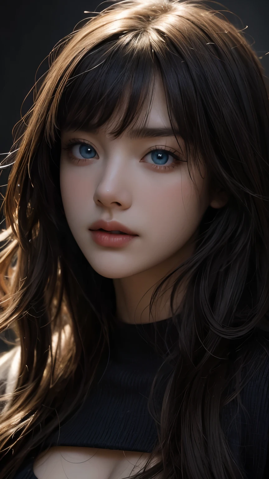 masterpiece, best quality, ultra-detailed, intricately detailed hyperdetailed, realistic, sharp features, highly detailed, sharp focus, perfect face, perfect face, perfect symmetrically perfect eyes, perfect full lips, flexible female form, cinematic, film light, hyper detailed, hyper realistic, high resolution, vibrant, dynamic studio lighting,  ((Dark background)), Sexy face, Facial expressions when receiving pleasure, straight Bangs, Big breasts, Exposed cleavage, blue Eyes,black sweater, cowboy shot,