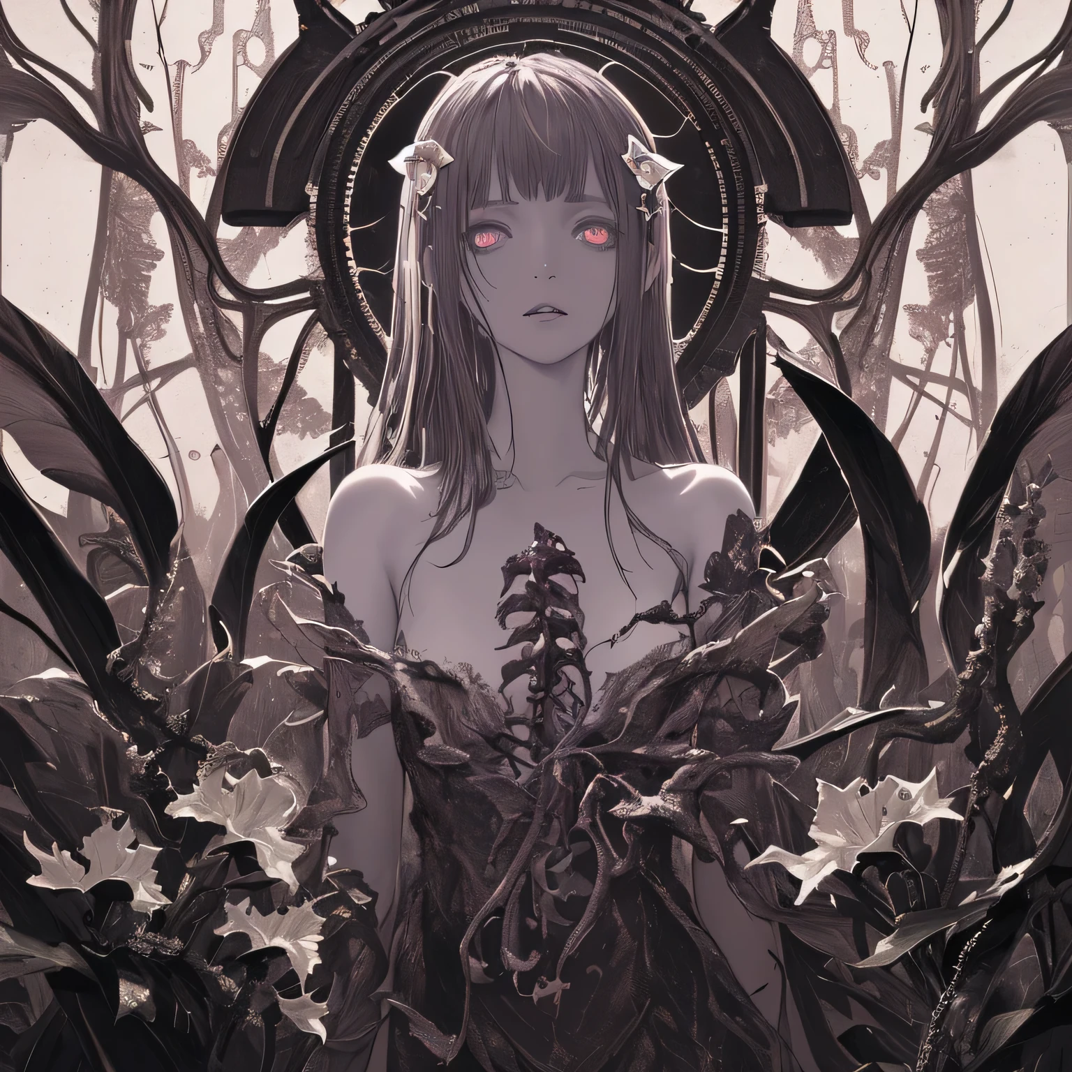 Artwork with a Datura motif, ((highest quality)), High resolution, 8k, Cinematic Light, High Contrast, Written boundary depth, Strong brilliance, Detailed Background, One Girl, cute, fine grain, Shining Eyes, Detailed Iris,poison,insanity,Robed
