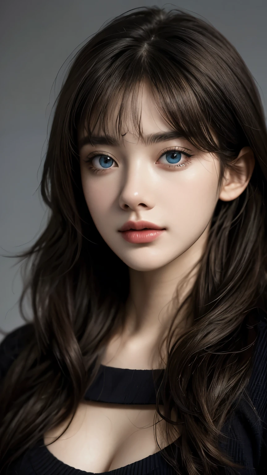 masterpiece, best quality, ultra-detailed, intricately detailed hyperdetailed, realistic, sharp features, highly detailed, sharp focus, perfect face, perfect face, perfect symmetrically perfect eyes, perfect full lips, flexible female form, cinematic, film light, hyper detailed, hyper realistic, high resolution, vibrant, dynamic studio lighting,  ((Dark background)), Sexy face, Facial expressions when receiving pleasure, straight Bangs, Big breasts, Exposed cleavage, blue Eyes,black sweater, cowboy shot,