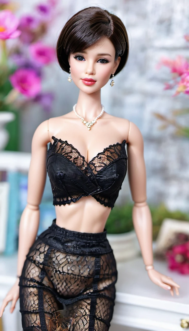 (masterpiece, best quality: 1.2), 1short hair barbie doll,Dolls，colloid， Delicateeyes, Full lips，Wide hips, colloid皮肤，（（Black and Gold Sheer Lace Dress）），earrings，High heel， Huge natural breasts，