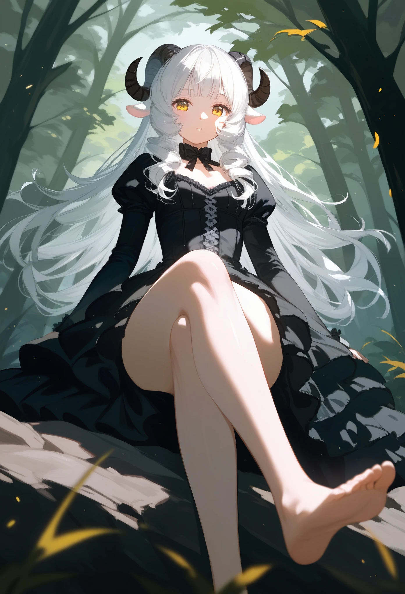 (score_9, score_8_up, score_7_up), 1girl, solo, sheep horns, curled horns, black horns, white sheep ears, white hair, long hair, hime cut, long bangs, sheep horns, curled horns, yellow eyes, detailed eyes, innexpressive, small breasts, sitting over a rock, in the middle of the forest, crossed legs, bare feet, wearing a black victorian dress, old fashioned, night, full height, (from below), highres, detailed, best quality, masterpiece,